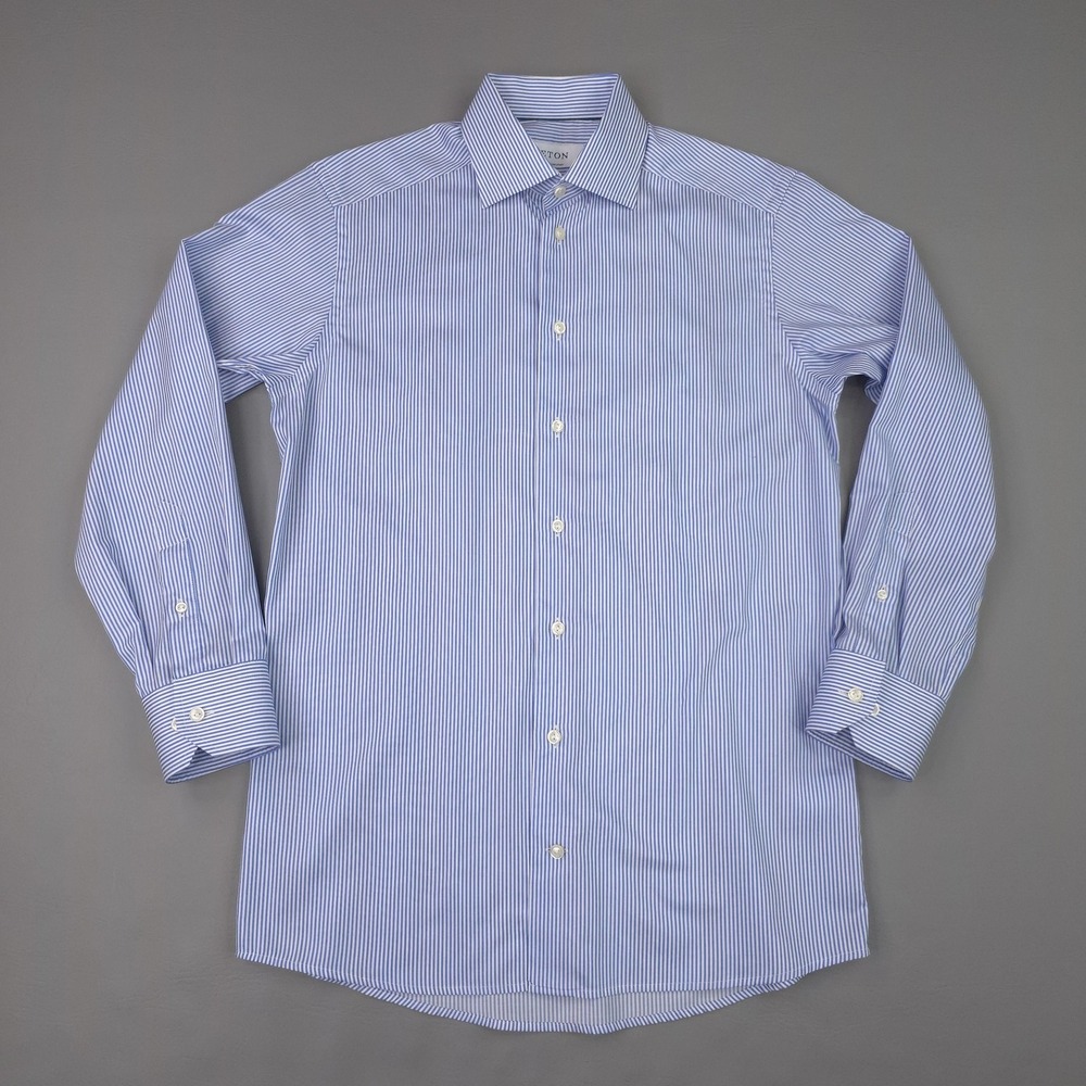 Eton Shirt Mens 15 Medium Blue Stripe Contemporary Fine Twill Cotton Long Sleeve